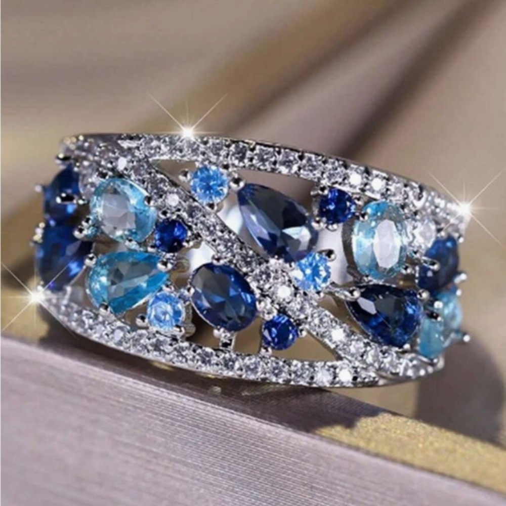 Blue Crystal Waterdrop Stone Ring, Simulated Sapphire Gemstones